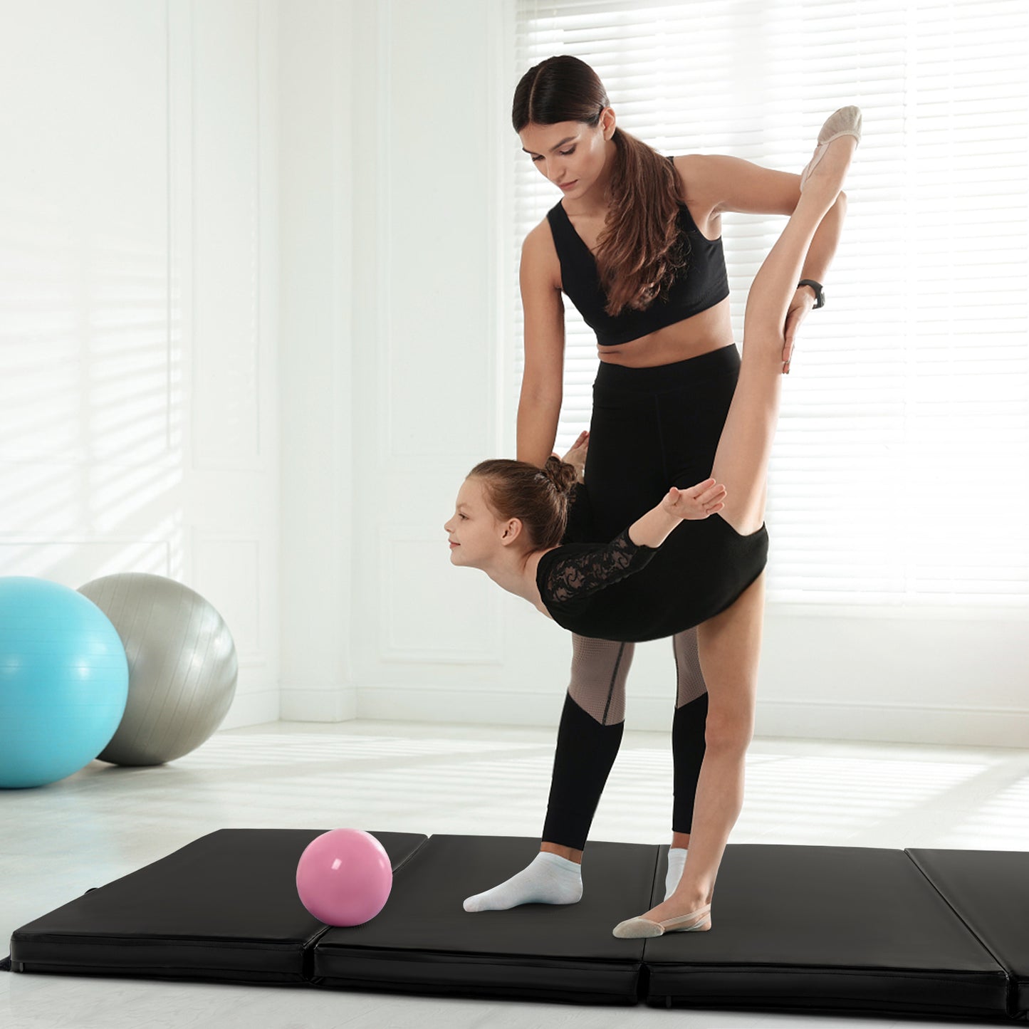 Folding Gymnastics Mat with Carry Handles and Sweatproof Detachable PU Leather Cover-Black Kids Crystal