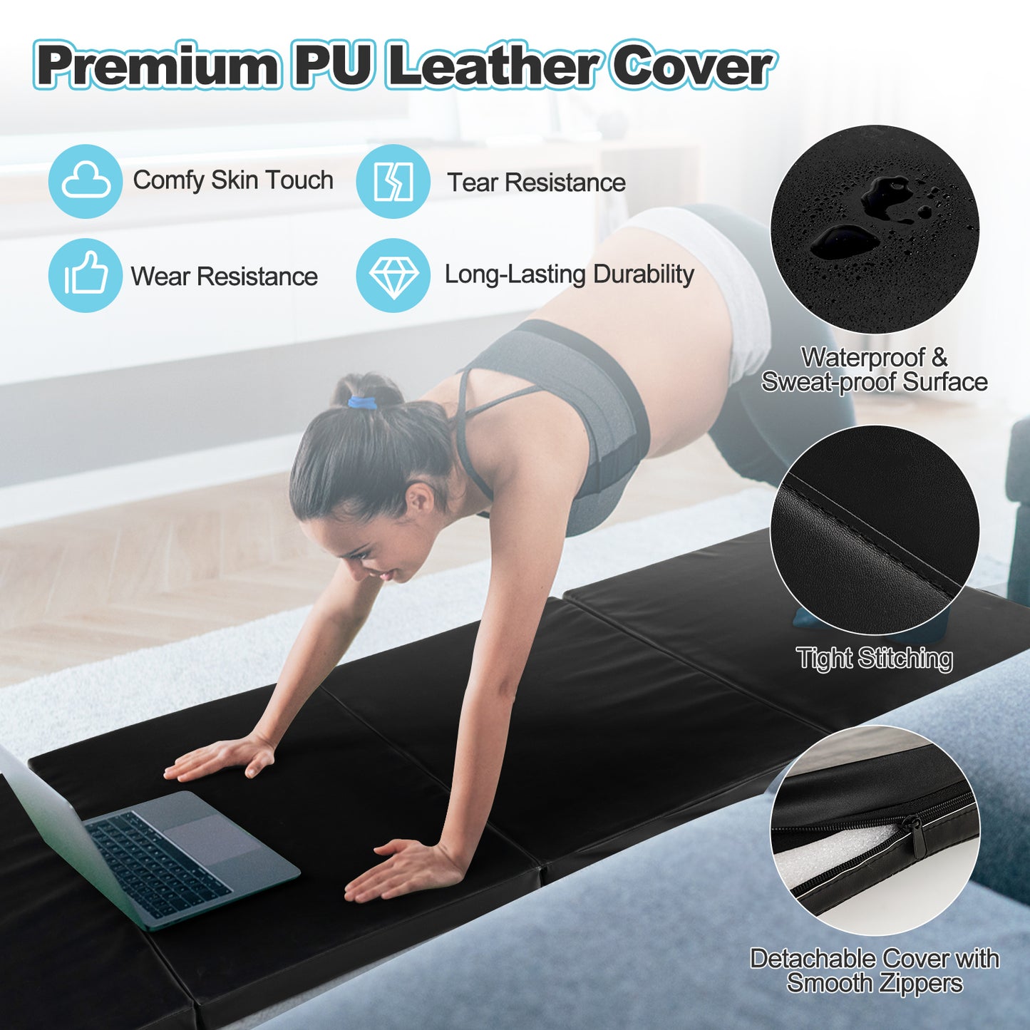 Folding Gymnastics Mat with Carry Handles and Sweatproof Detachable PU Leather Cover-Black Kids Crystal