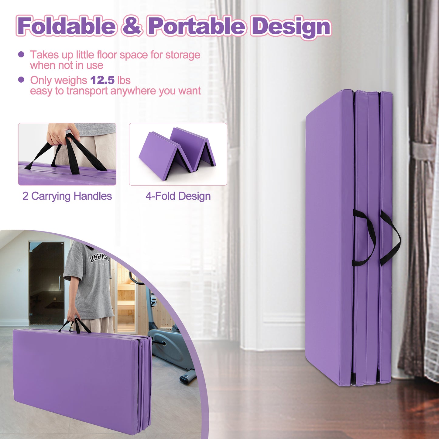 Folding Gymnastics Mat with Carry Handles and Sweatproof Detachable PU Leather Cover-Purple Kids Crystal