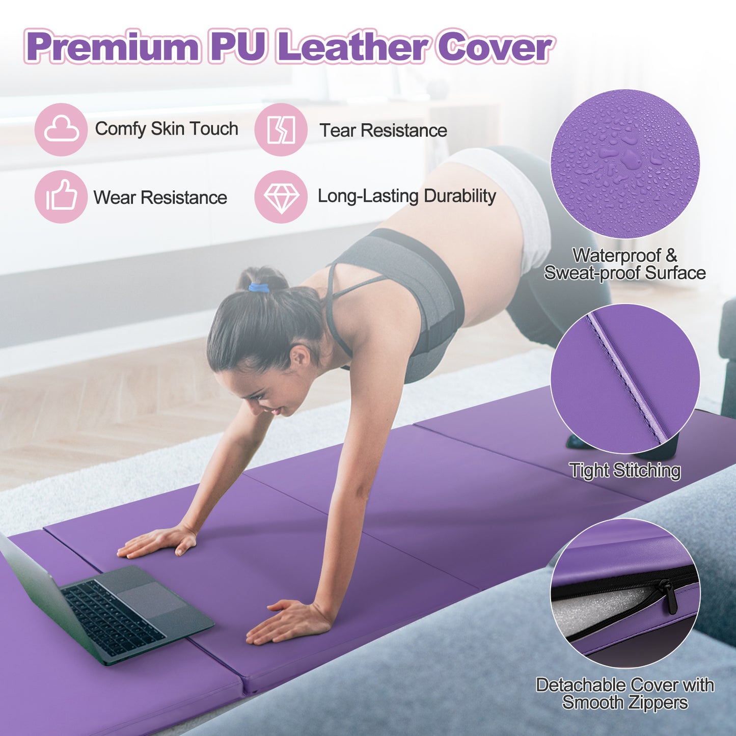 Folding Gymnastics Mat with Carry Handles and Sweatproof Detachable PU Leather Cover-Purple Kids Crystal
