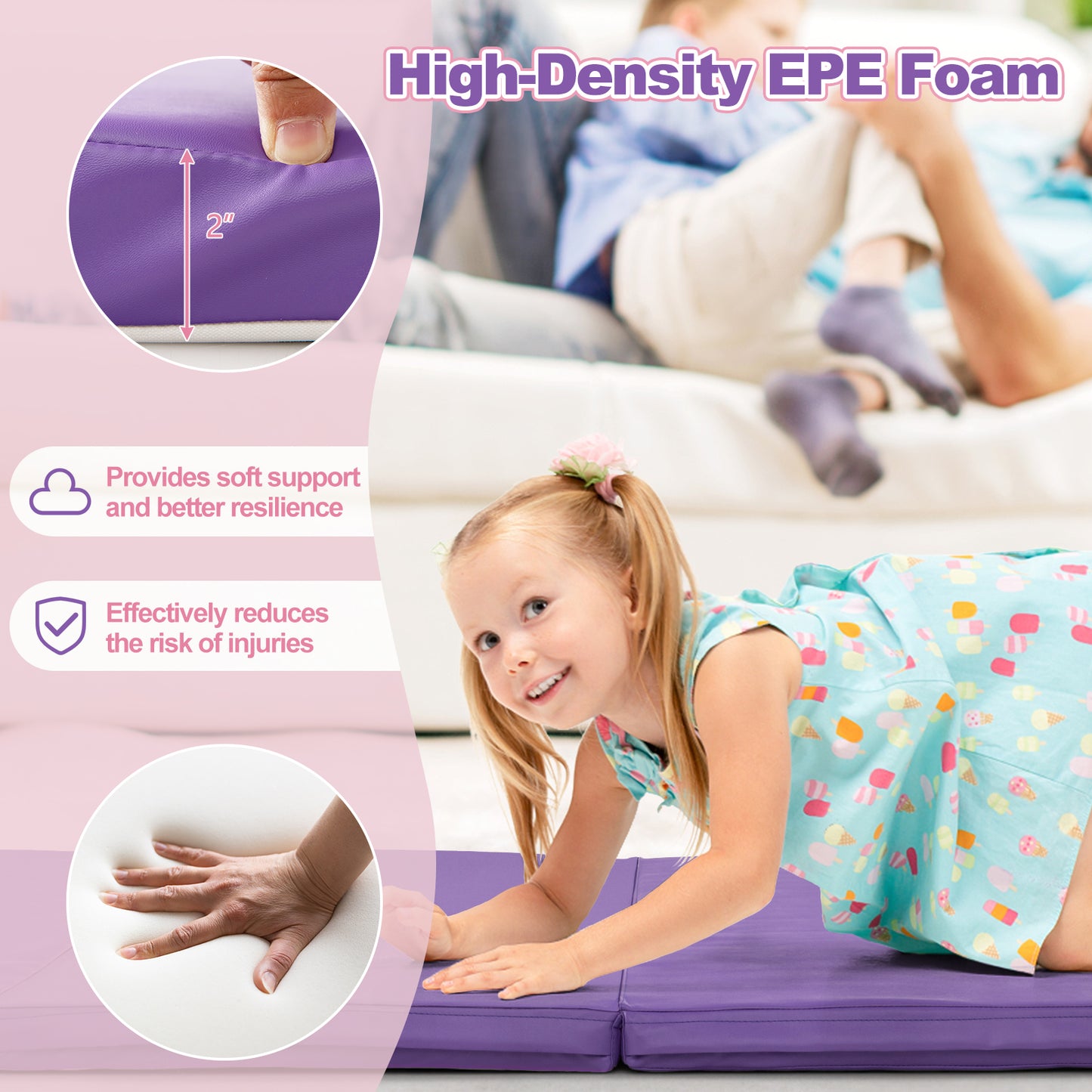 Folding Gymnastics Mat with Carry Handles and Sweatproof Detachable PU Leather Cover-Purple Kids Crystal