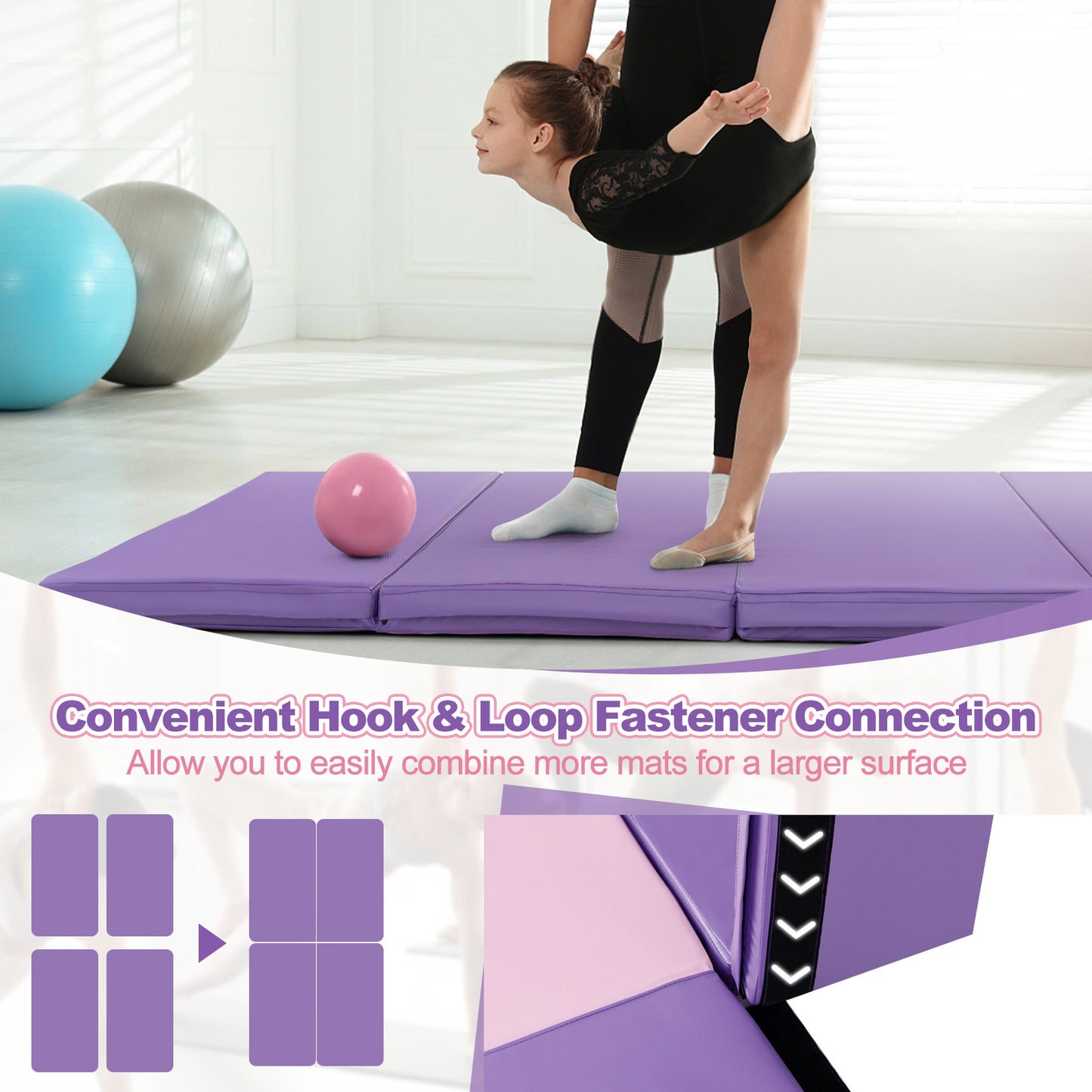 Folding Gymnastics Mat with Carry Handles and Sweatproof Detachable PU Leather Cover-Purple Kids Crystal
