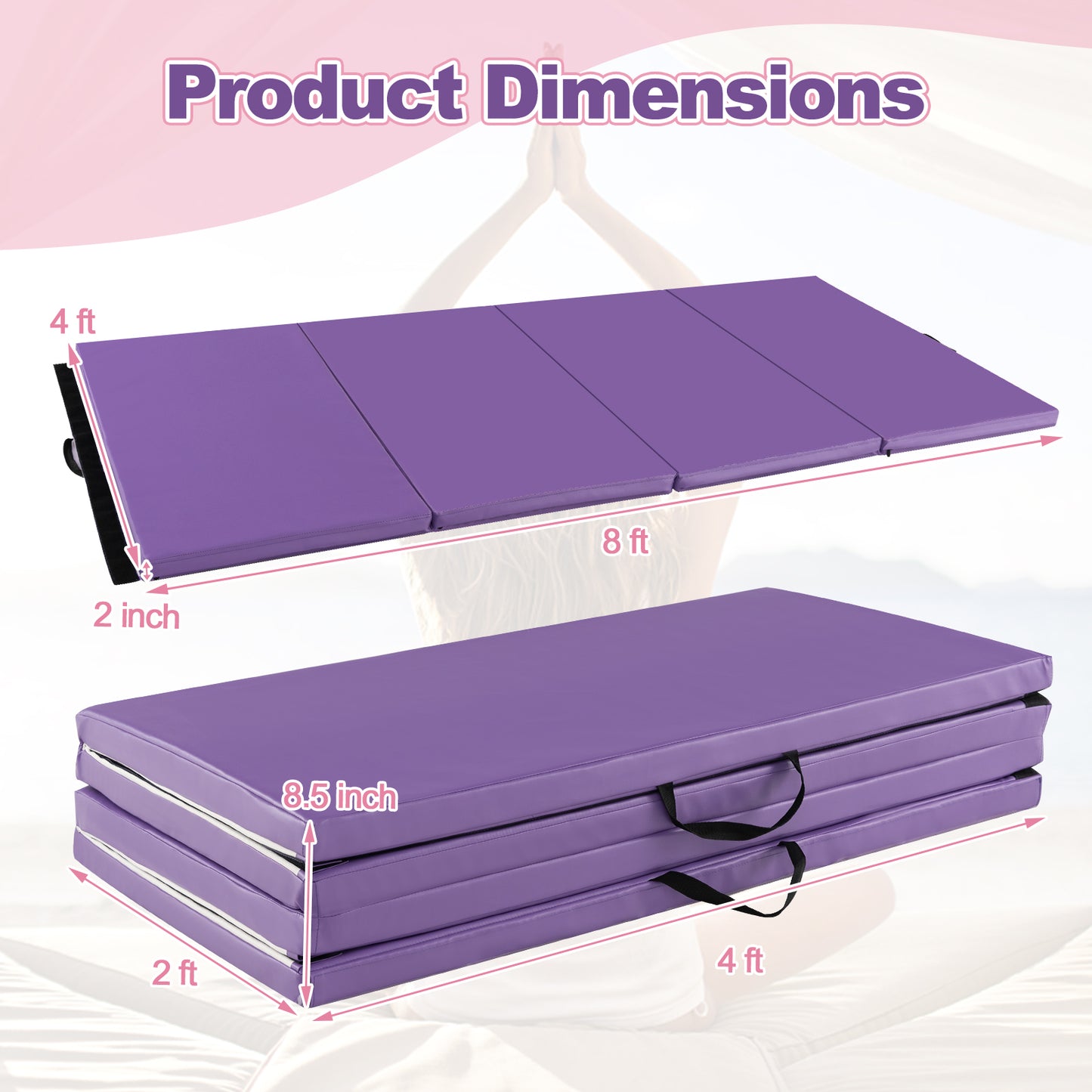 Folding Gymnastics Mat with Carry Handles and Sweatproof Detachable PU Leather Cover-Purple Kids Crystal