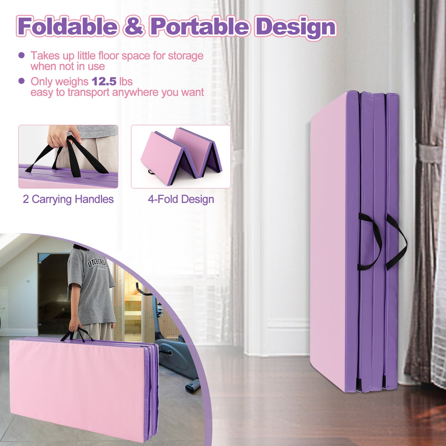 Folding Gymnastics Mat with Carry Handles and Sweatproof Detachable PU Leather Cover-Pink Kids Crystal