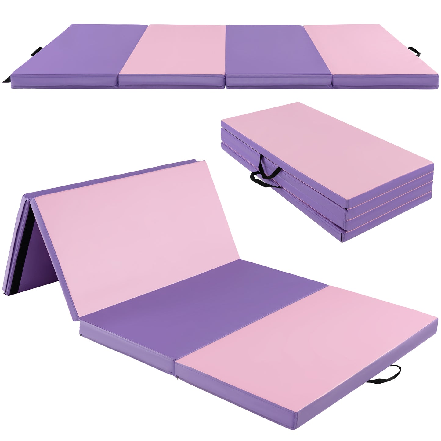 Folding Gymnastics Mat with Carry Handles and Sweatproof Detachable PU Leather Cover-Pink Kids Crystal