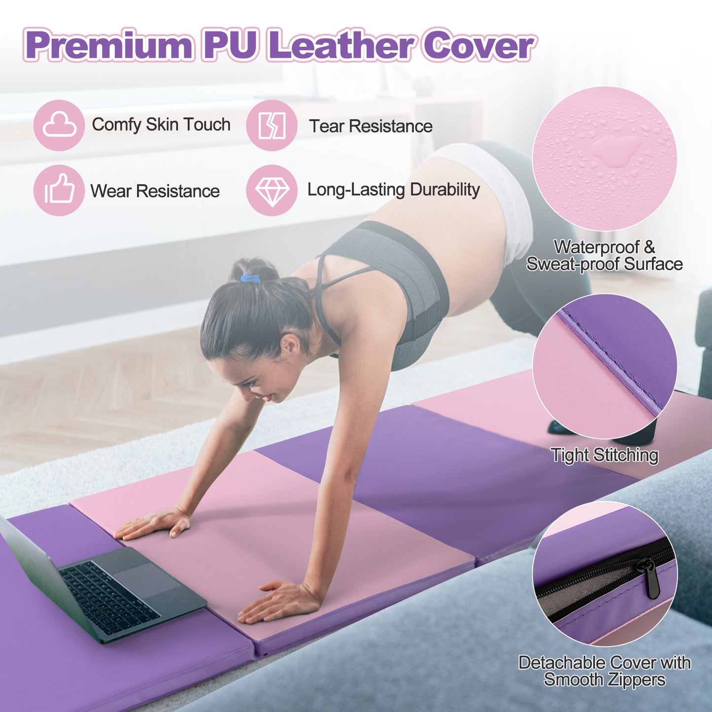 Folding Gymnastics Mat with Carry Handles and Sweatproof Detachable PU Leather Cover-Pink Kids Crystal