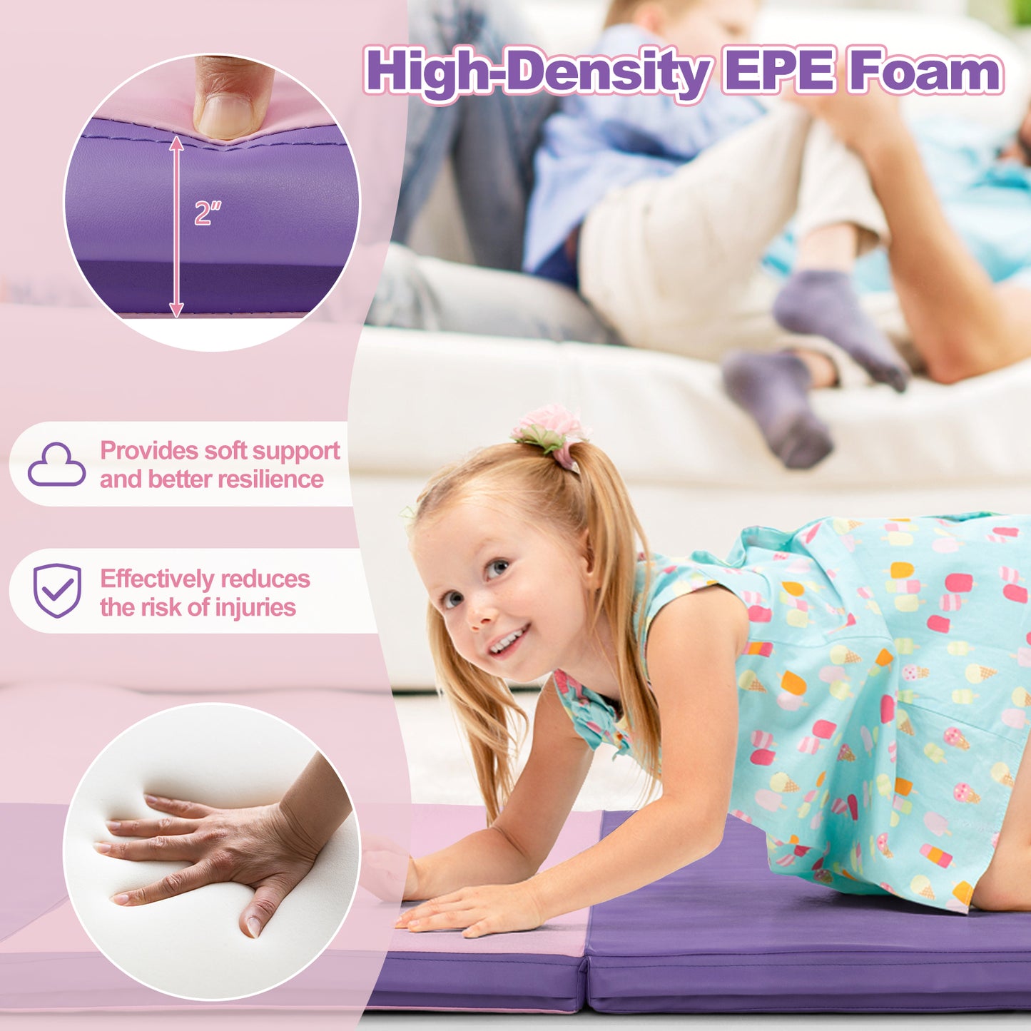 Folding Gymnastics Mat with Carry Handles and Sweatproof Detachable PU Leather Cover-Pink Kids Crystal