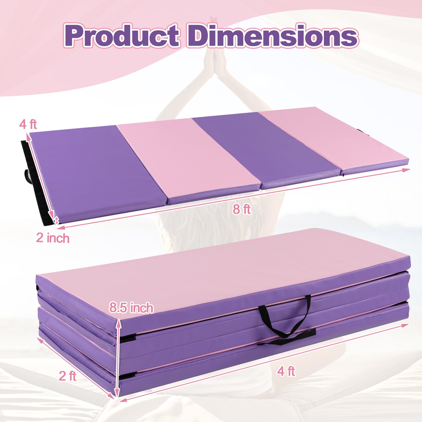 Folding Gymnastics Mat with Carry Handles and Sweatproof Detachable PU Leather Cover-Pink Kids Crystal