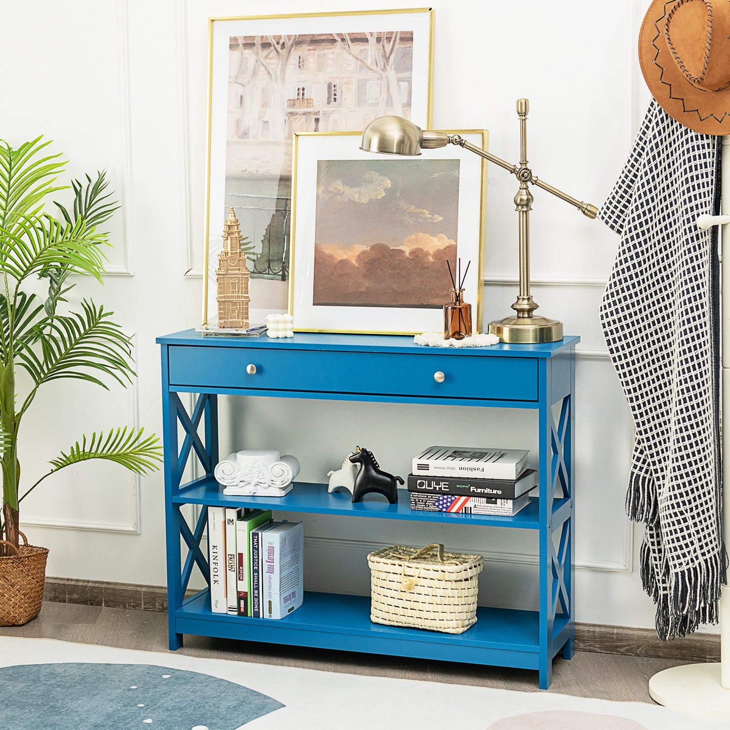 Console Table 3-Tier with Drawer and Storage Shelves-Blue Kids Crystal
