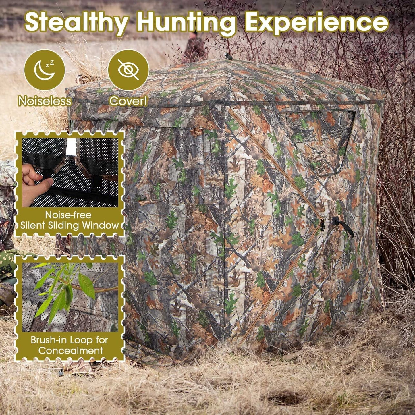 2-3 Person Hunting Blind Portable Pop Up Ground Tent with Carry Bag and Storage Pocket Kids Crystal
