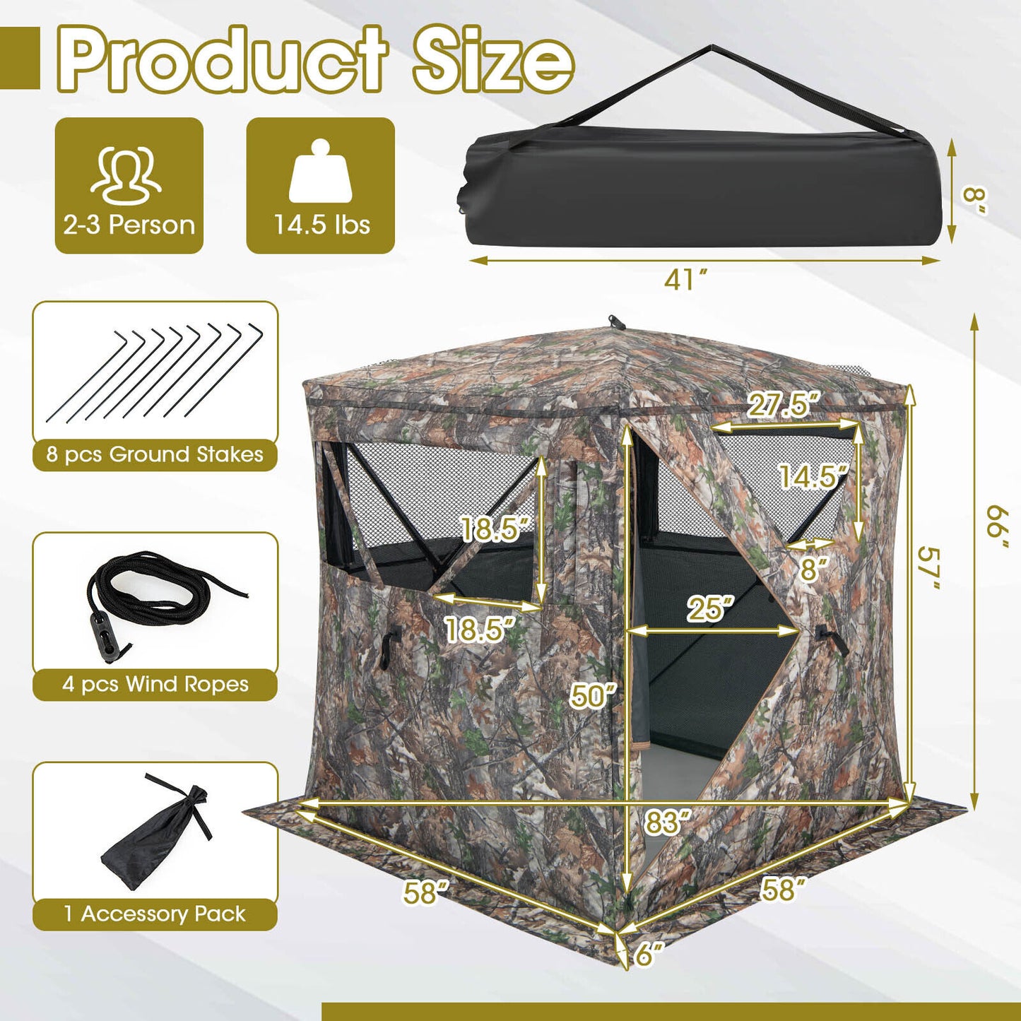2-3 Person Hunting Blind Portable Pop Up Ground Tent with Carry Bag and Storage Pocket Kids Crystal
