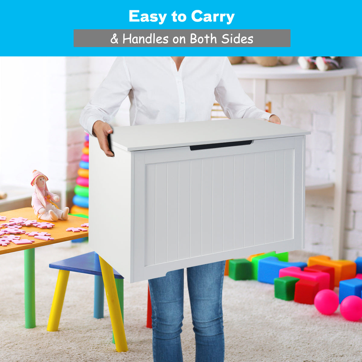 Toy Box Wooden Toy Organizer with Flip-Top Lid-White Kids Crystal
