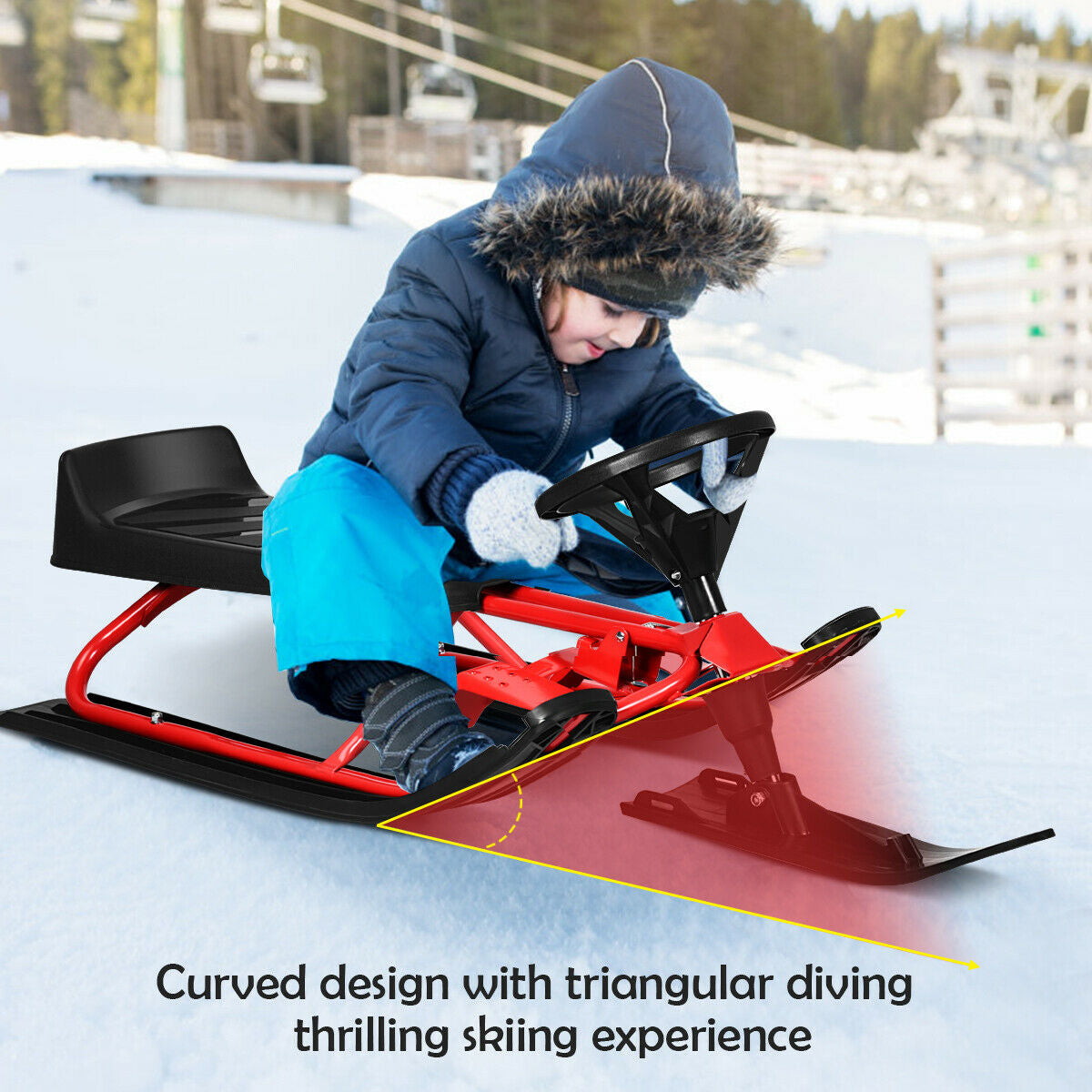 Kids Snow Sled with Steering Wheel and Double Brakes Pull Rope-Red Kids Crystal