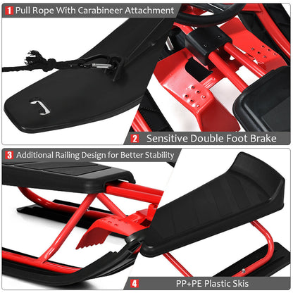 Kids Snow Sled with Steering Wheel and Double Brakes Pull Rope-Red