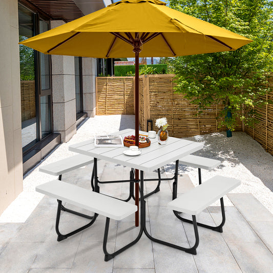 Outdoor Picnic Table with 4 Benches and Umbrella Hole-White Kids Crystal