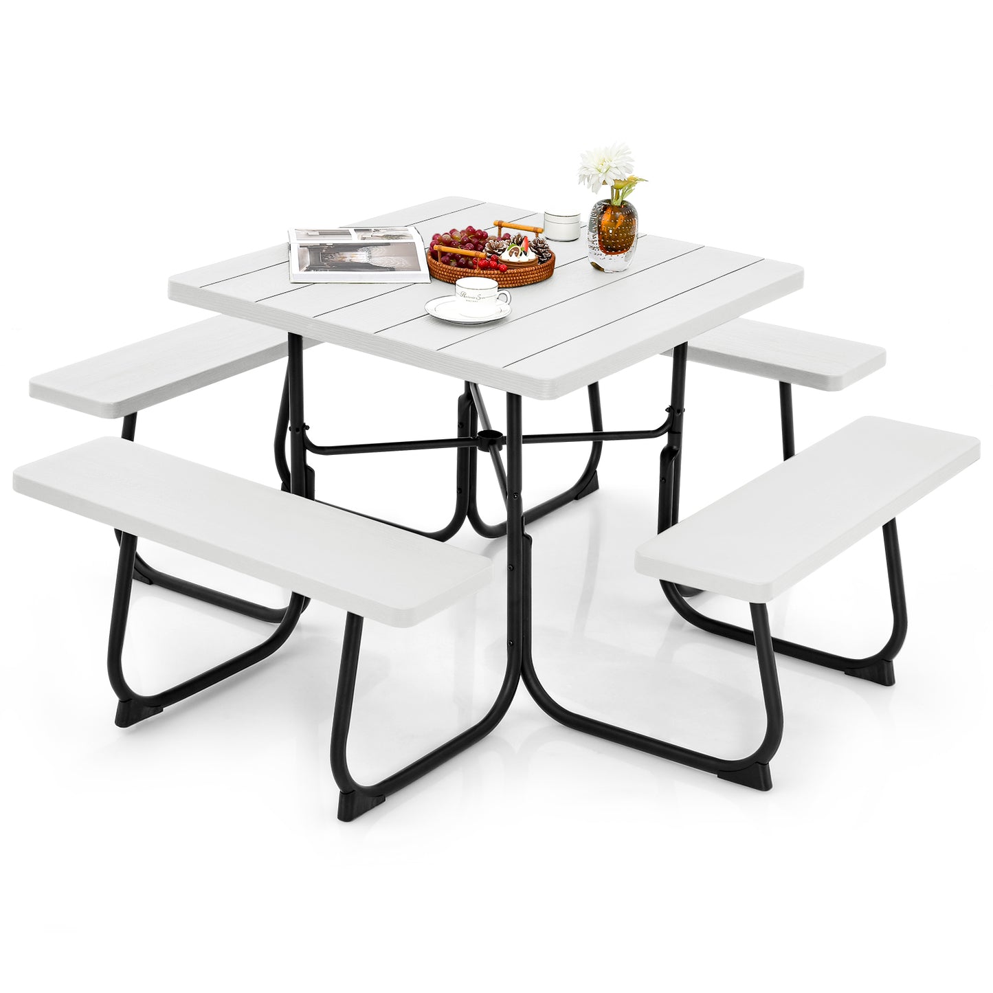 Outdoor Picnic Table with 4 Benches and Umbrella Hole-White Kids Crystal