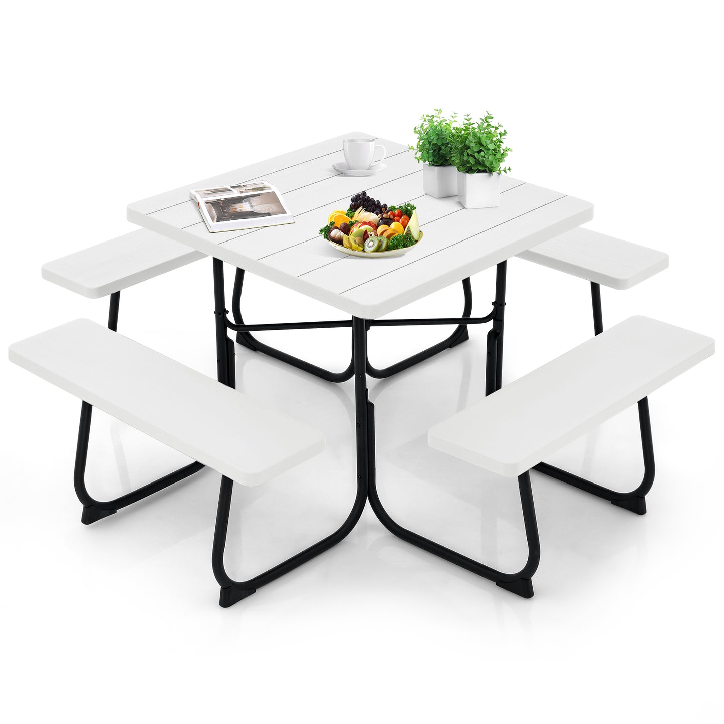 Outdoor Picnic Table with 4 Benches and Umbrella Hole-White Kids Crystal