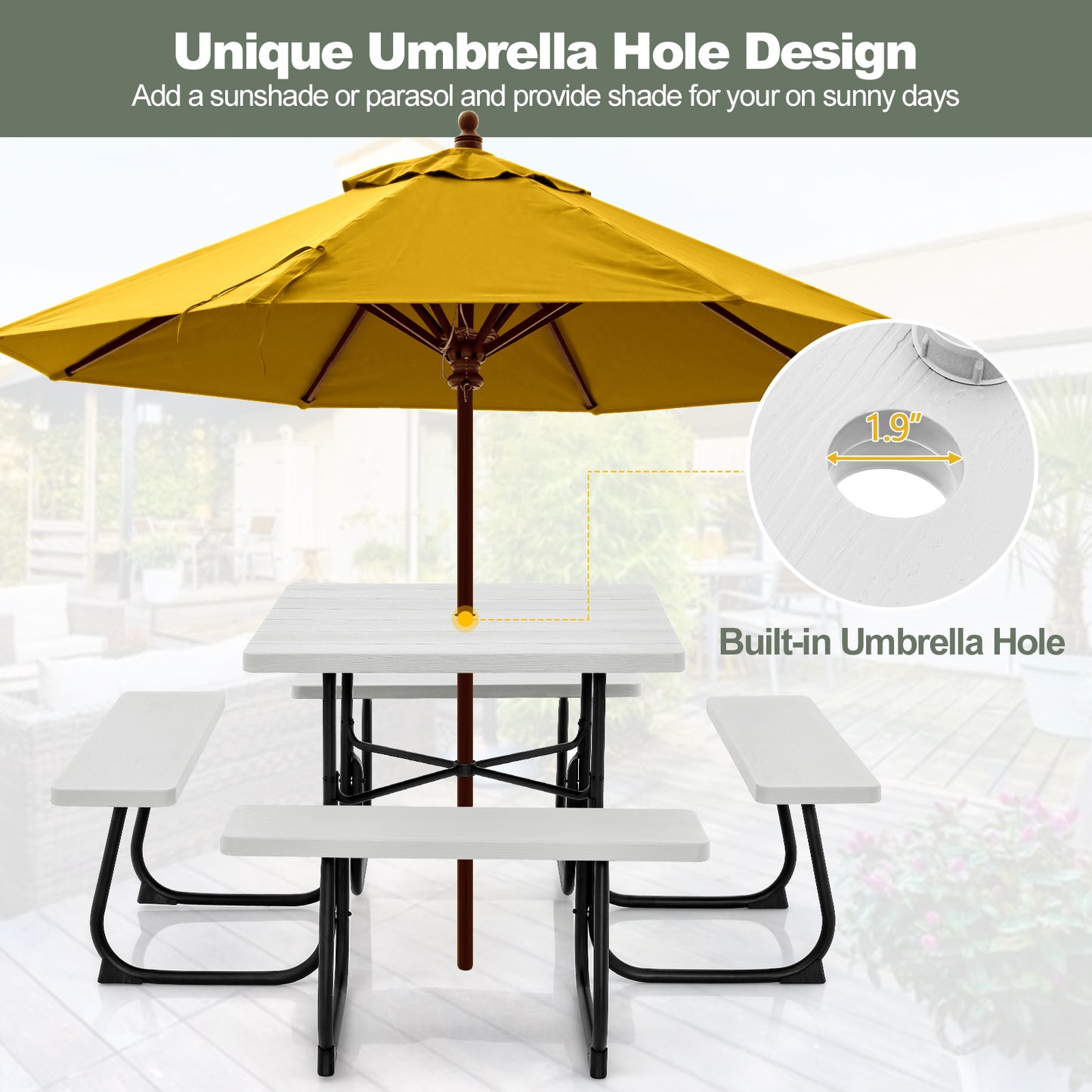 Outdoor Picnic Table with 4 Benches and Umbrella Hole-White Kids Crystal