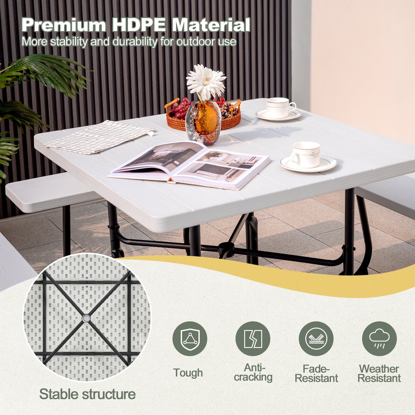 Outdoor Picnic Table with 4 Benches and Umbrella Hole-White Kids Crystal