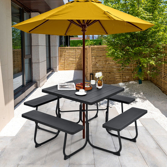 Outdoor Picnic Table with 4 Benches and Umbrella Hole-Black Kids Crystal