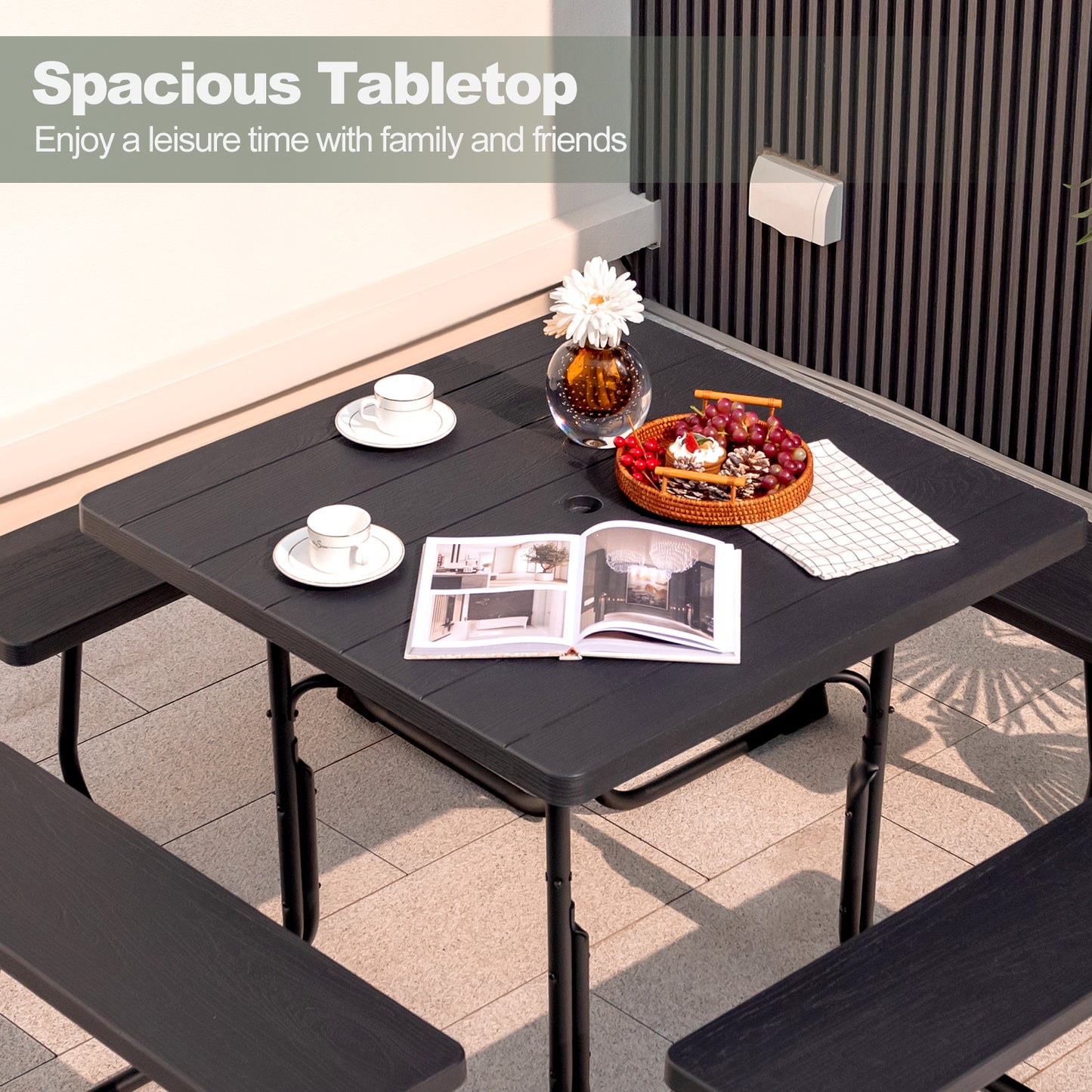 Outdoor Picnic Table with 4 Benches and Umbrella Hole-Black Kids Crystal