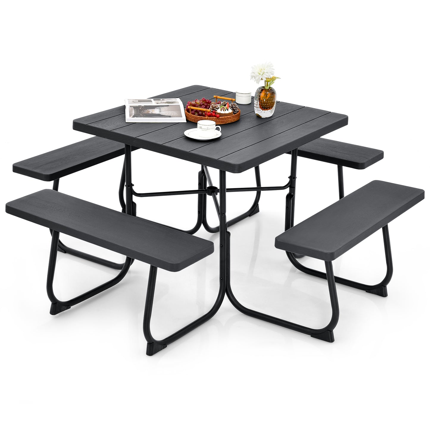 Outdoor Picnic Table with 4 Benches and Umbrella Hole-Black Kids Crystal