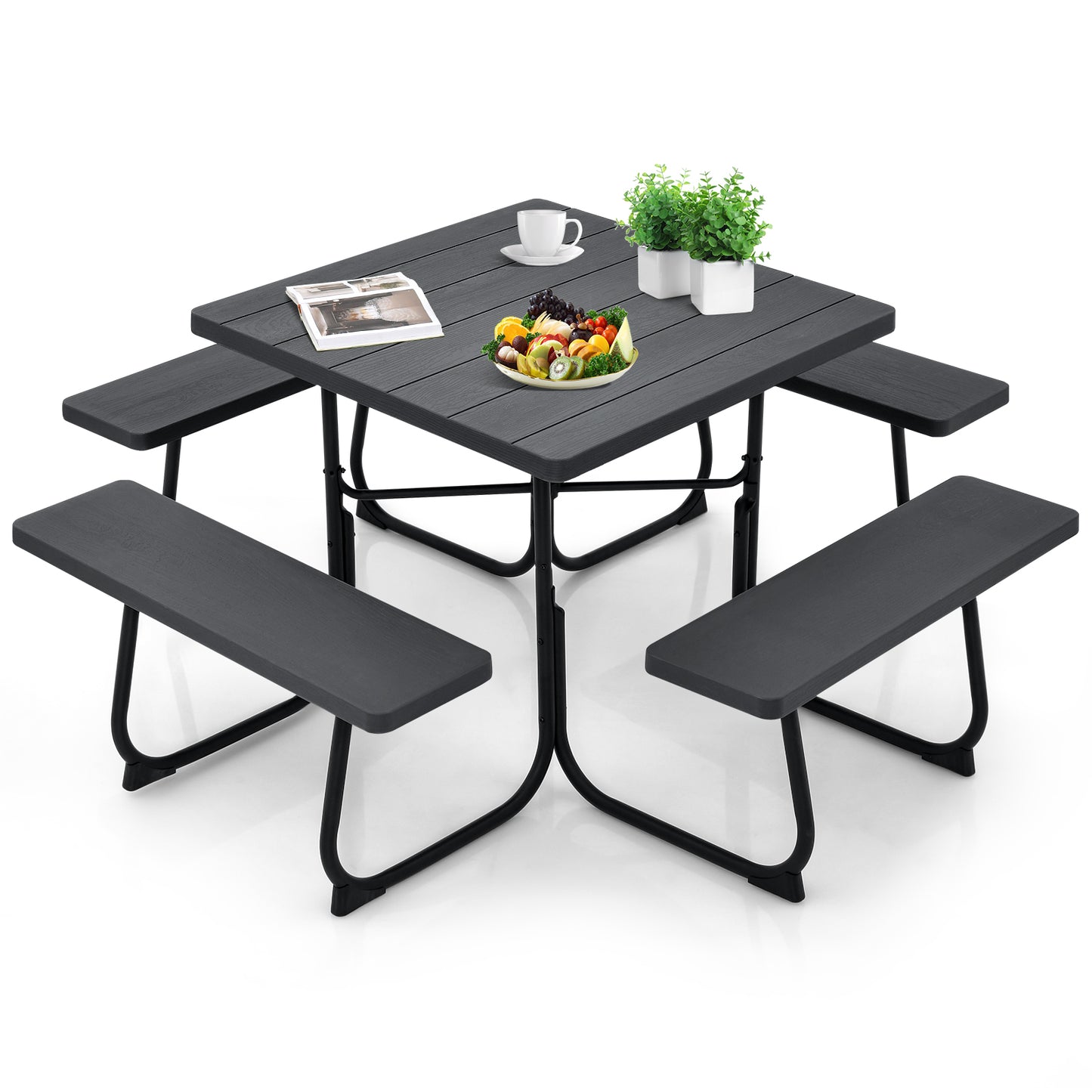 Outdoor Picnic Table with 4 Benches and Umbrella Hole-Black Kids Crystal