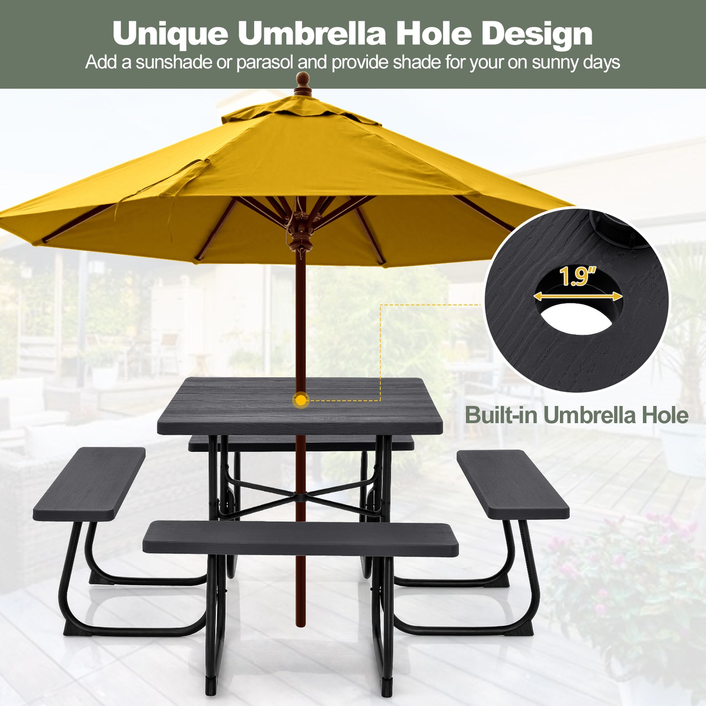 Outdoor Picnic Table with 4 Benches and Umbrella Hole-Black Kids Crystal