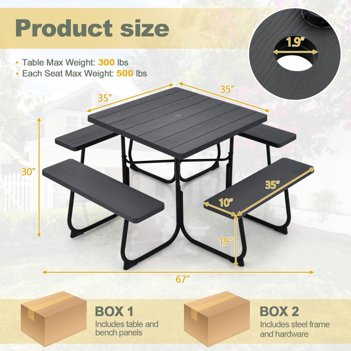 Outdoor Picnic Table with 4 Benches and Umbrella Hole-Black Kids Crystal