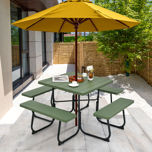 Outdoor Picnic Table with 4 Benches and Umbrella Hole-Green Kids Crystal