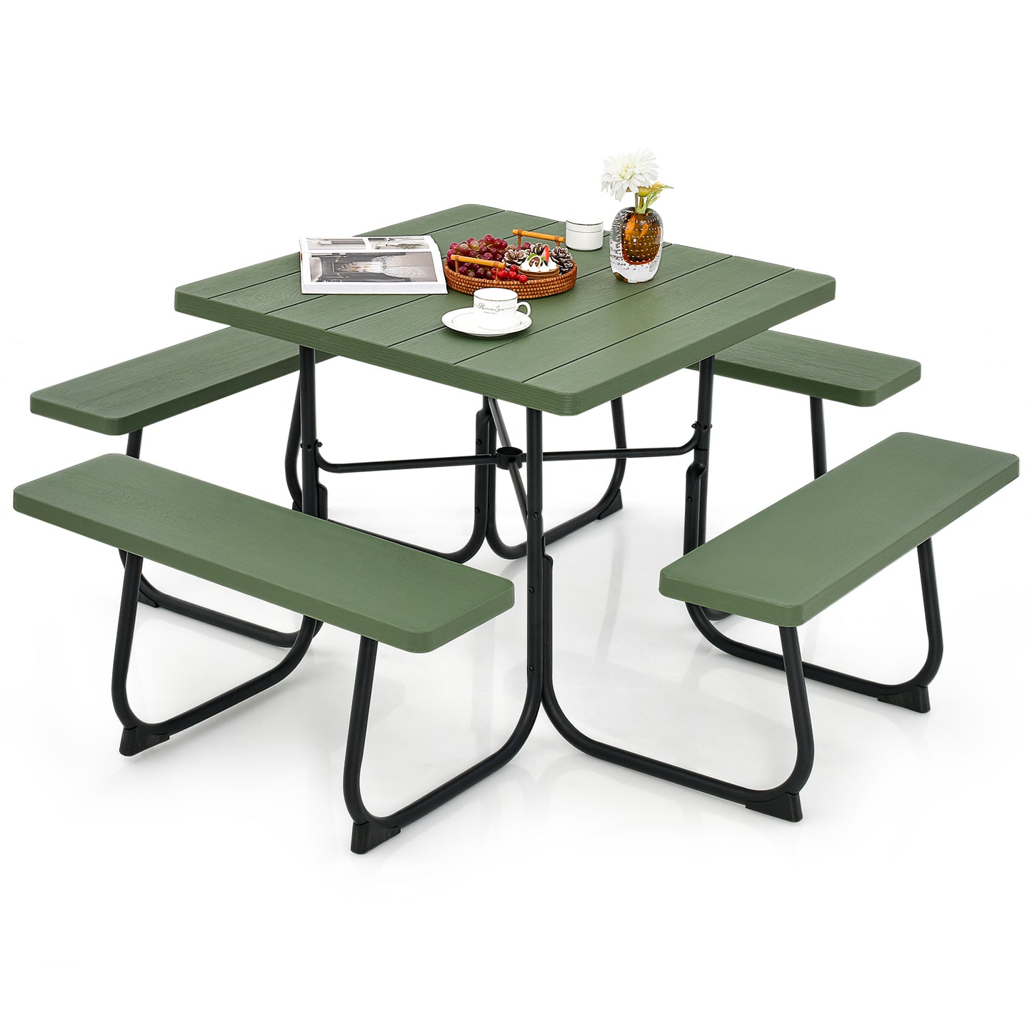 Outdoor Picnic Table with 4 Benches and Umbrella Hole-Green Kids Crystal