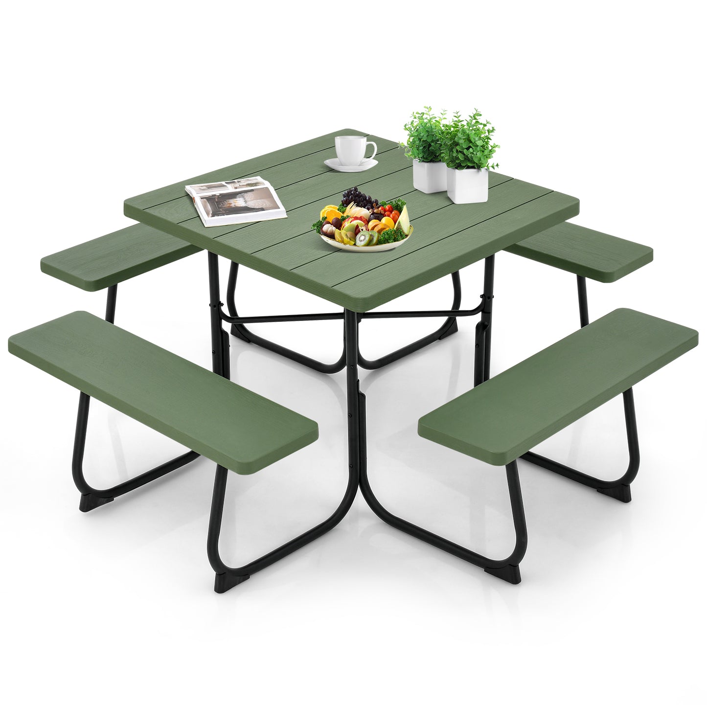 Outdoor Picnic Table with 4 Benches and Umbrella Hole-Green Kids Crystal