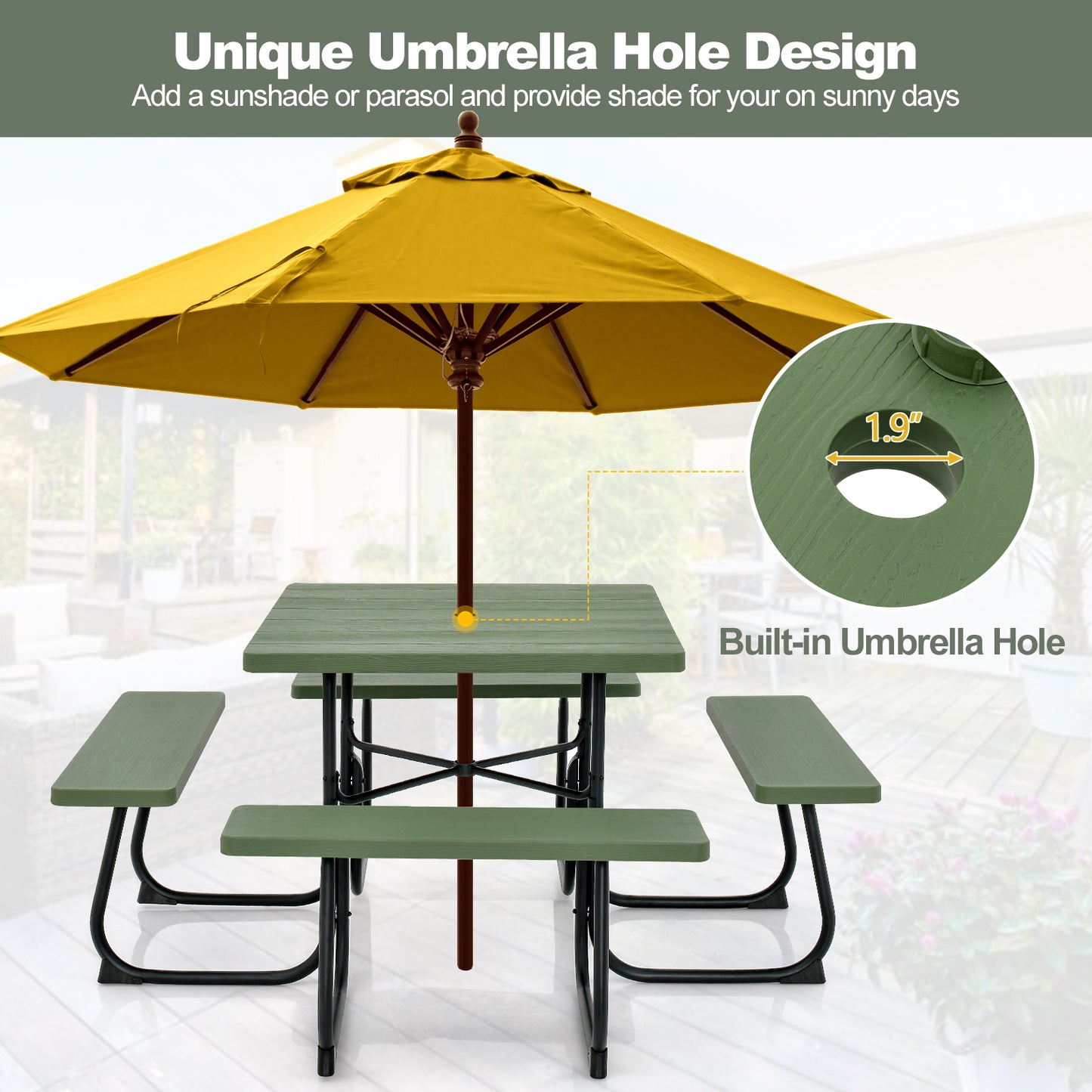 Outdoor Picnic Table with 4 Benches and Umbrella Hole-Green Kids Crystal
