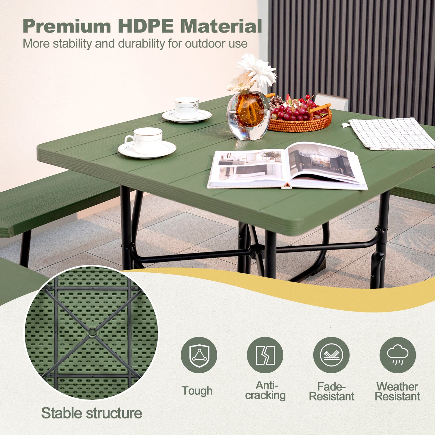 Outdoor Picnic Table with 4 Benches and Umbrella Hole-Green Kids Crystal