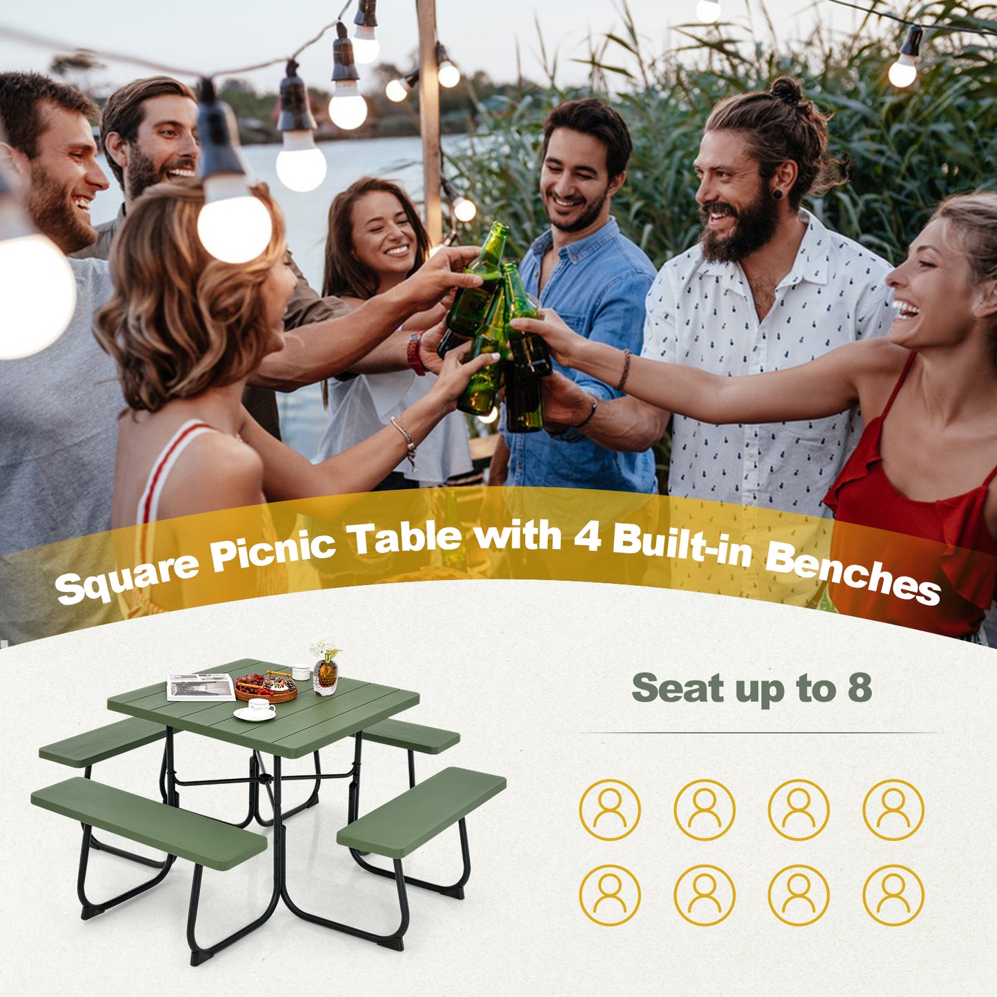Outdoor Picnic Table with 4 Benches and Umbrella Hole-Green Kids Crystal