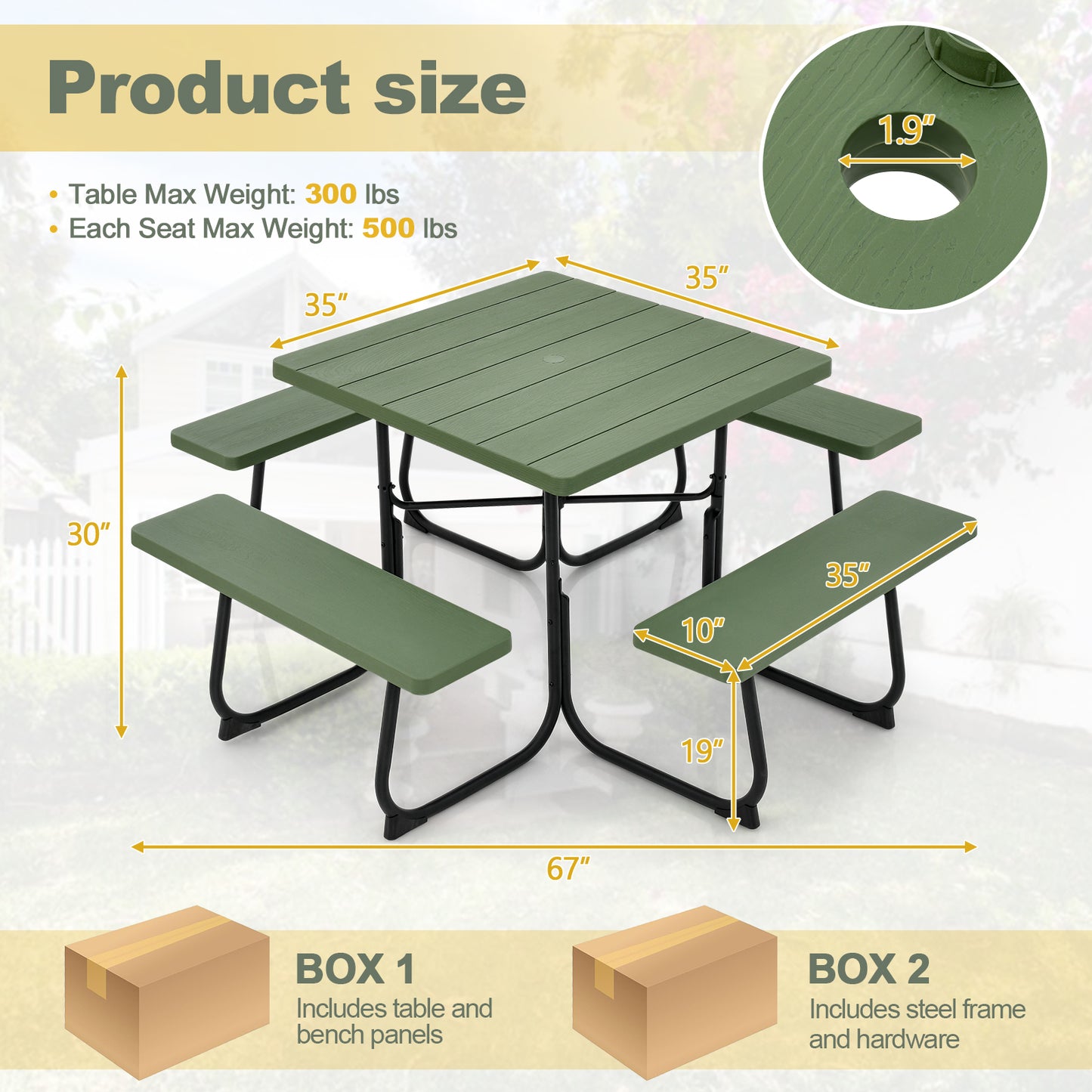 Outdoor Picnic Table with 4 Benches and Umbrella Hole-Green Kids Crystal