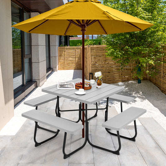 Outdoor Picnic Table with 4 Benches and Umbrella Hole-Gray Kids Crystal