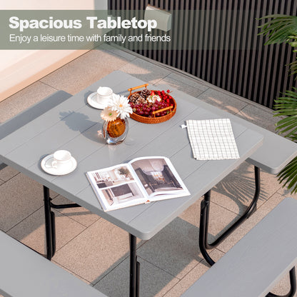Outdoor Picnic Table with 4 Benches and Umbrella Hole-Gray