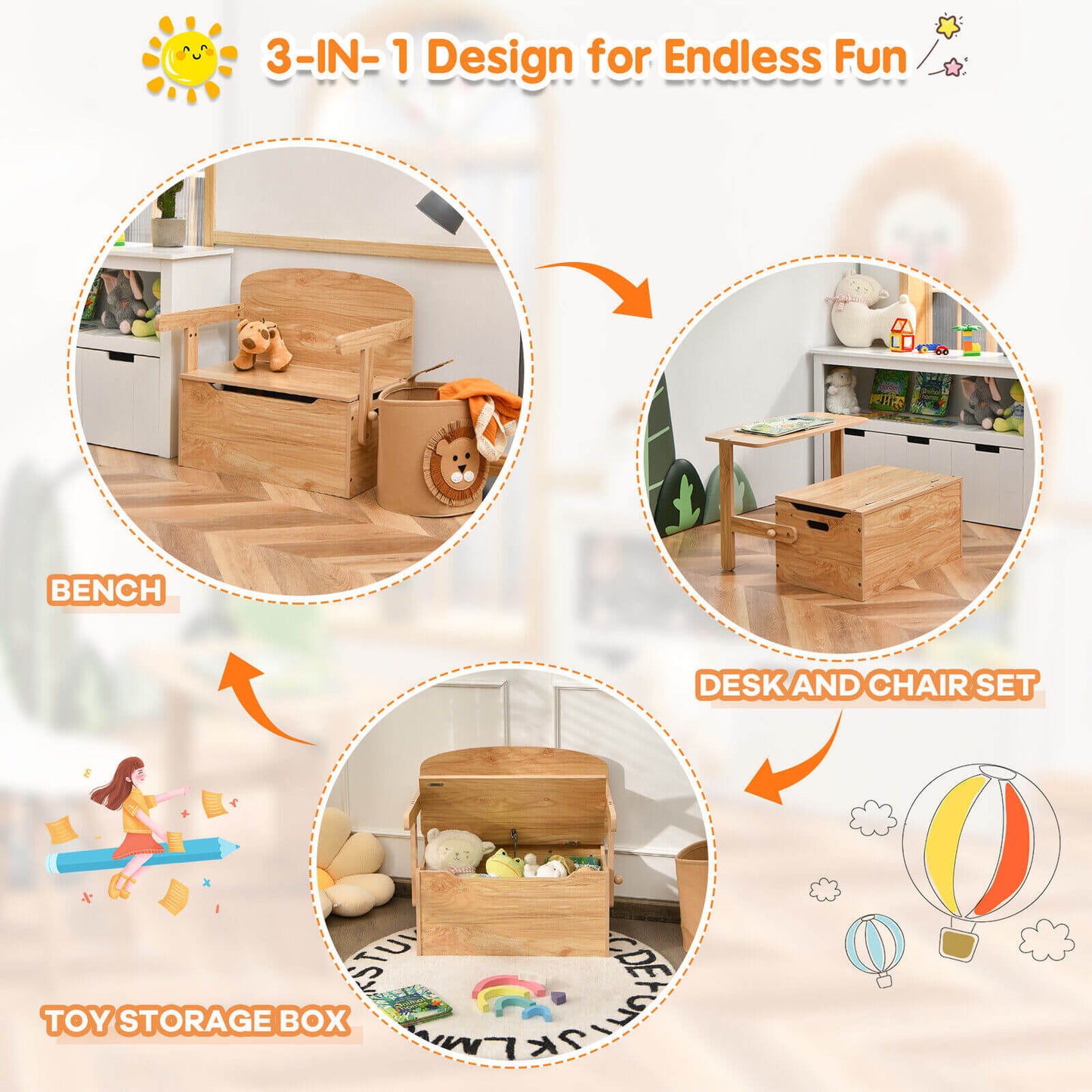 3-in-1 Kids Convertible Storage Bench Wood Activity Table and Chair Set-Natural Kids Crystal