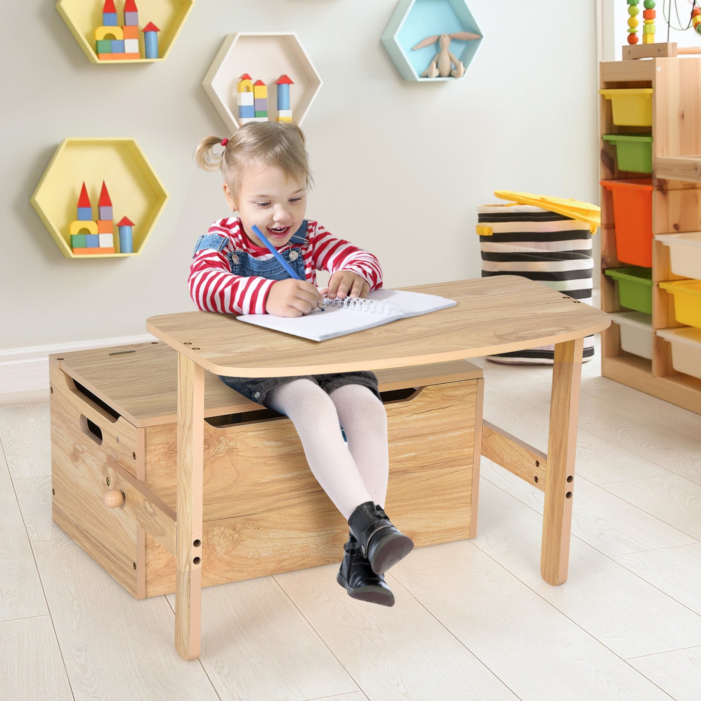 3-in-1 Kids Convertible Storage Bench Wood Activity Table and Chair Set-Natural Kids Crystal