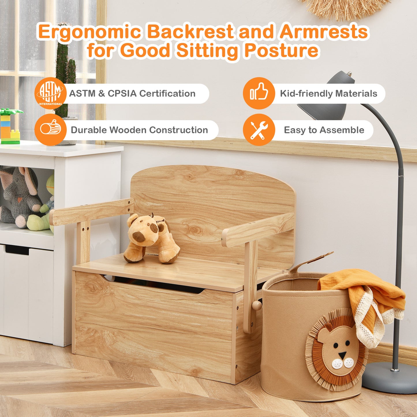 3-in-1 Kids Convertible Storage Bench Wood Activity Table and Chair Set-Natural Kids Crystal