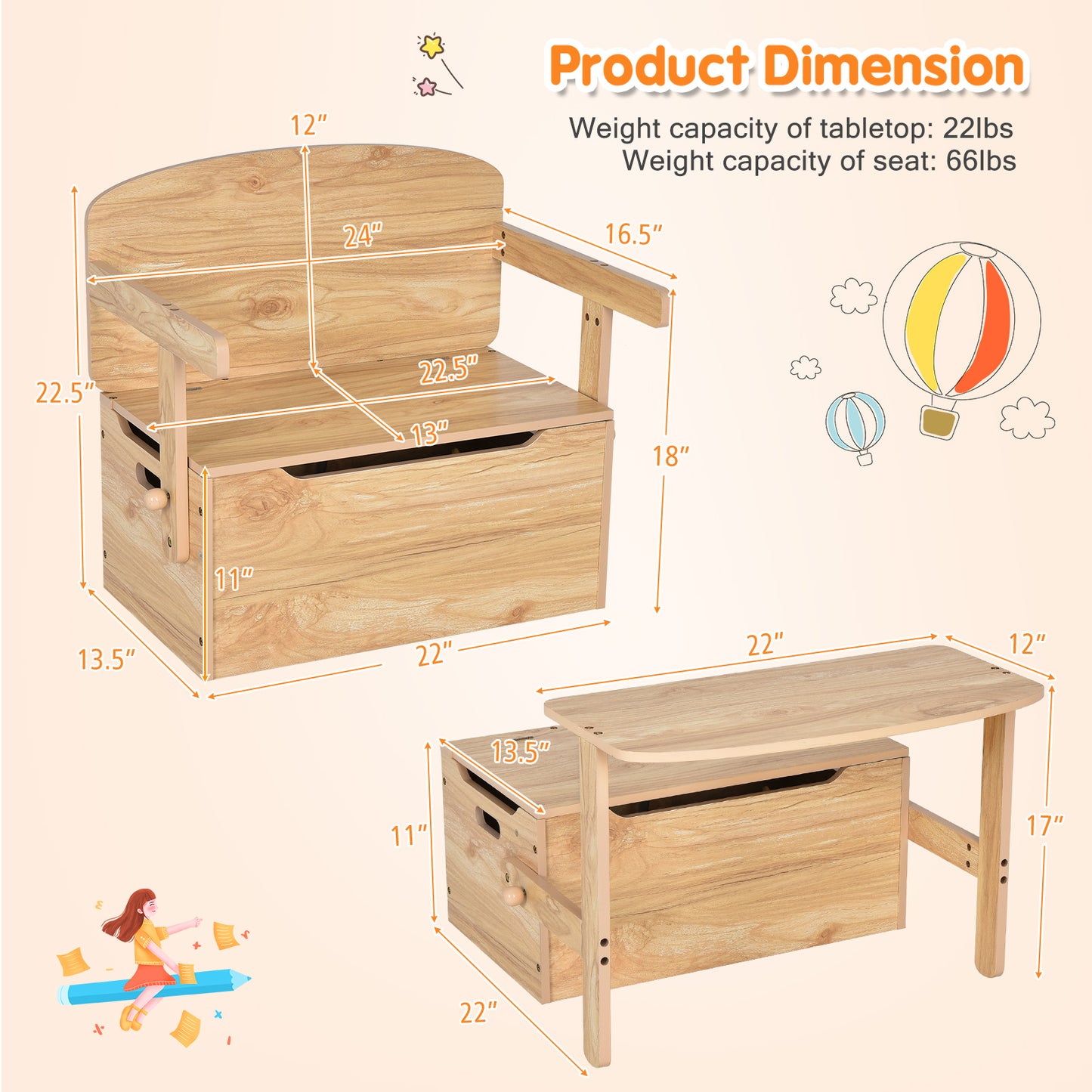 3-in-1 Kids Convertible Storage Bench Wood Activity Table and Chair Set-Natural Kids Crystal