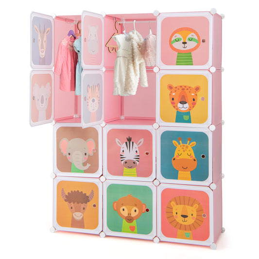 12 Cube Kids Wardrobe Closet with Hanging Section and Doors-Pink Kids Crystal