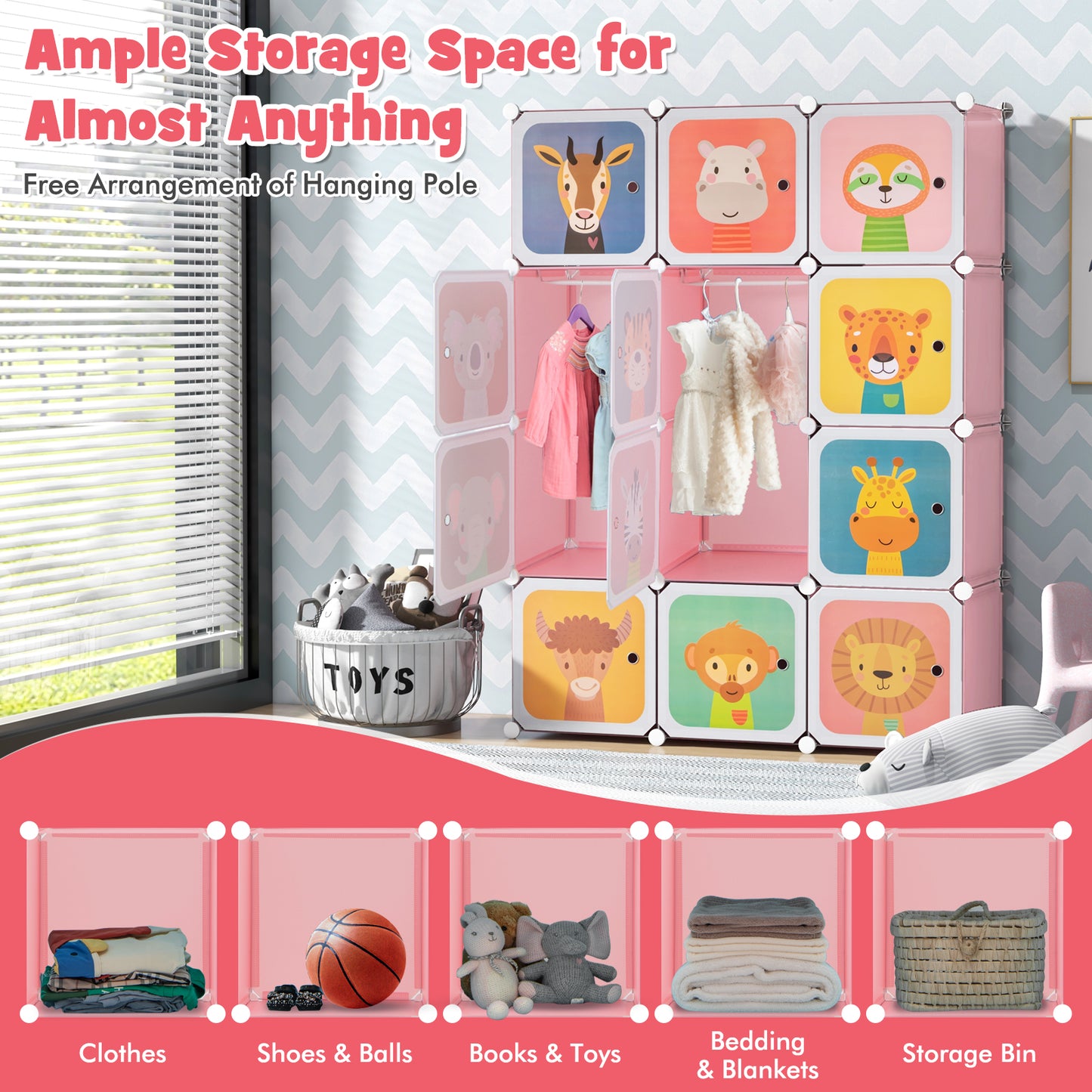 12 Cube Kids Wardrobe Closet with Hanging Section and Doors-Pink Kids Crystal
