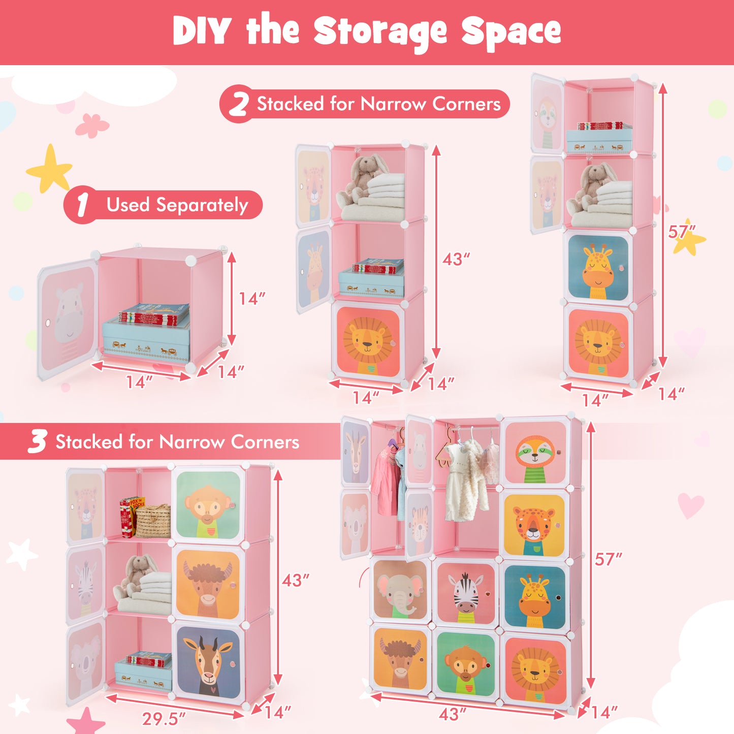 12 Cube Kids Wardrobe Closet with Hanging Section and Doors-Pink Kids Crystal