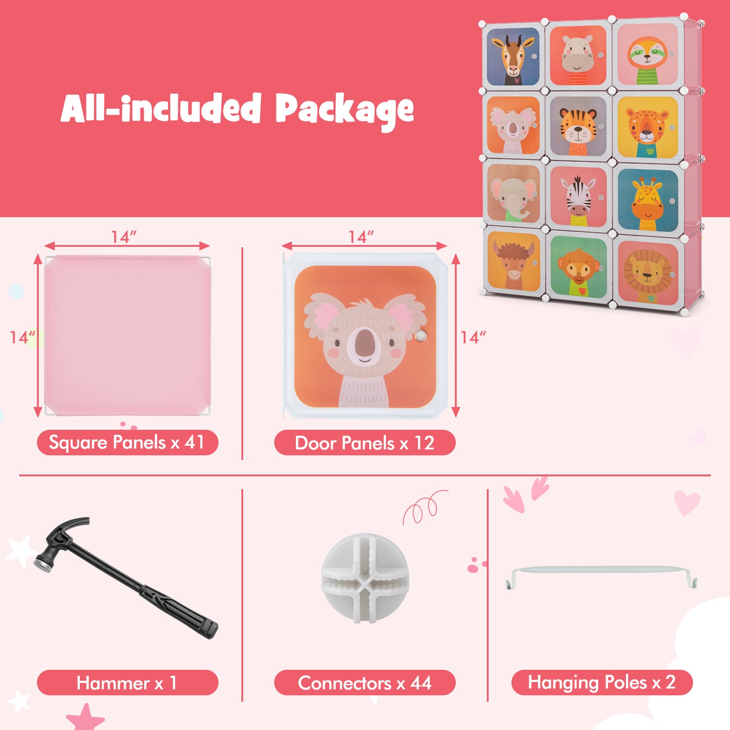 12 Cube Kids Wardrobe Closet with Hanging Section and Doors-Pink Kids Crystal