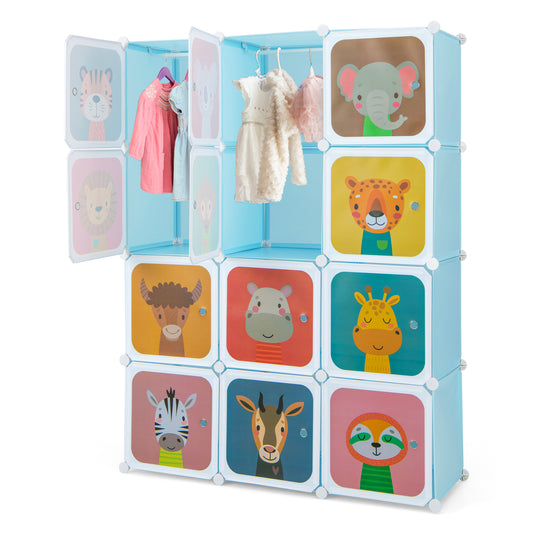 12 Cube Kids Wardrobe Closet with Hanging Section and Doors-Blue Kids Crystal