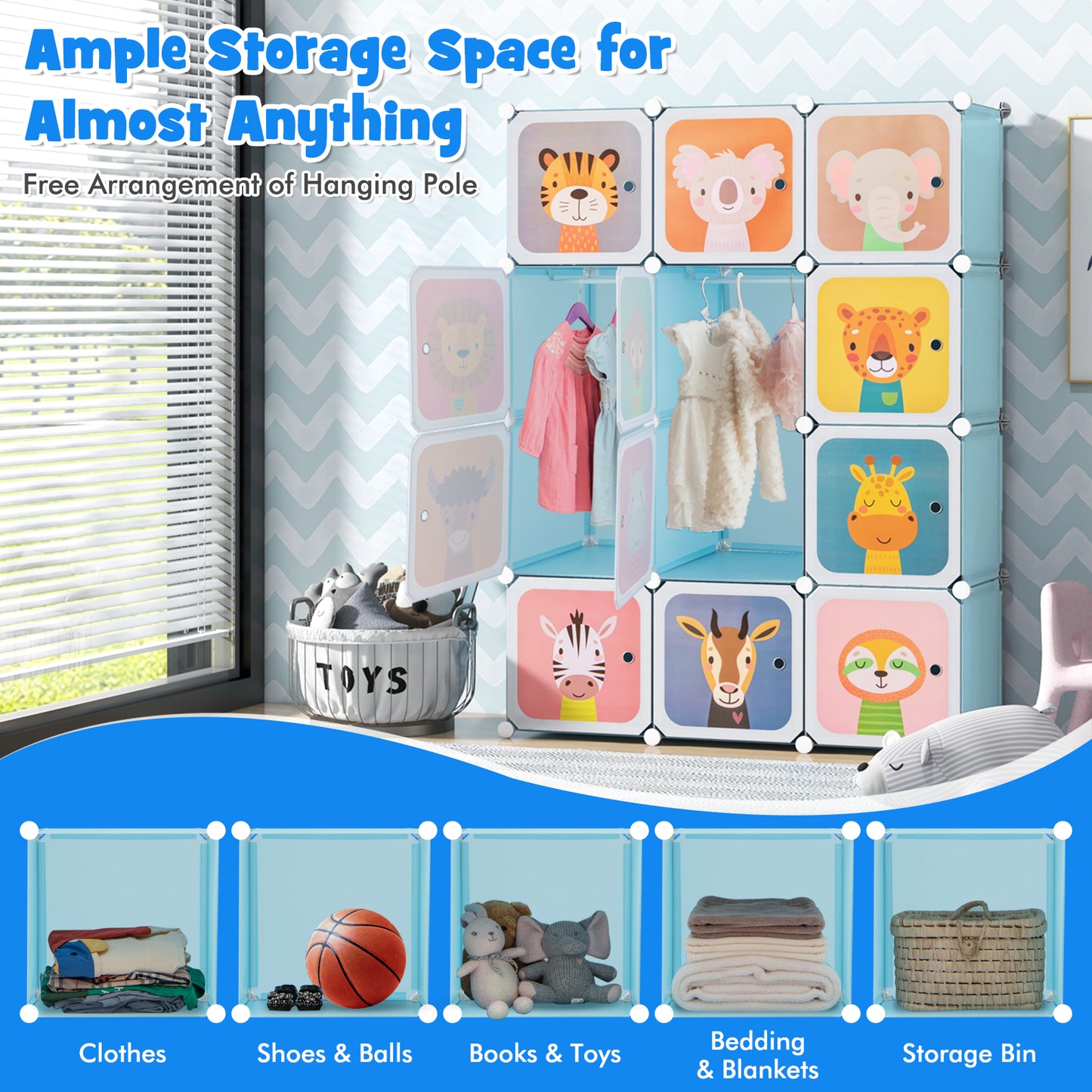 12 Cube Kids Wardrobe Closet with Hanging Section and Doors-Blue Kids Crystal