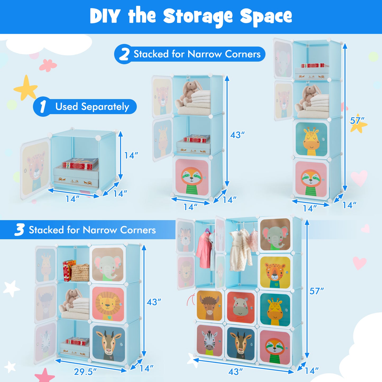 12 Cube Kids Wardrobe Closet with Hanging Section and Doors-Blue Kids Crystal
