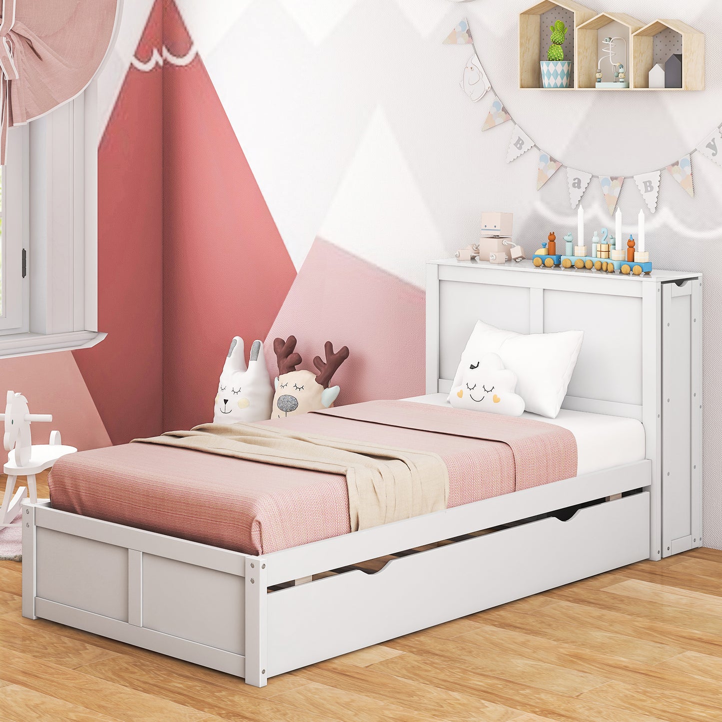 Twin/Full Kids Wooden Platform Bed with Trundle Storage Headboard-Twin Size Kids Crystal